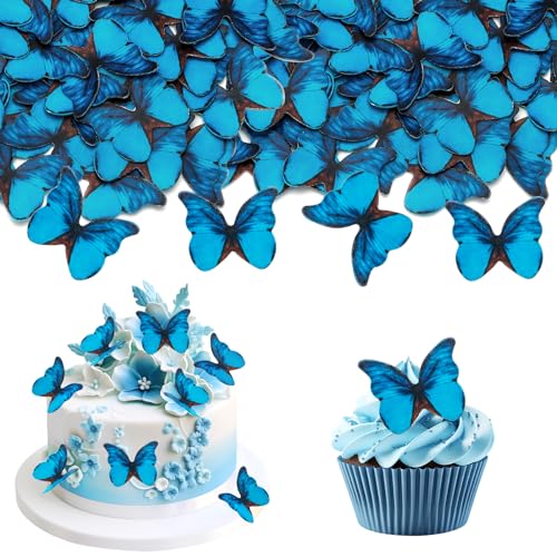 48 Stück Essbare Schmetterling Cupcake Topper - Schillerndes Blau...
