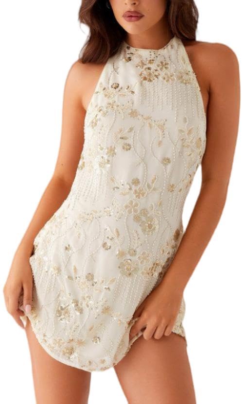 Y2k Sequin Beaded Halter Dress for Women Sexy Sparkle Backless Mini Dress Floral Embellished Rhinestone Club Dresses White