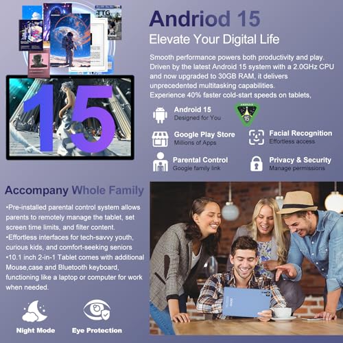 Image of 2026 Android 15 Tablet with Keyboard | Gemini AI, 30GB+128GB Octa-Core Electronics Tablets w / 10 Inch IPS HD Display, 8000mAh, 5G WiFi, 1TB Expand, Mouse+Case, BT 5.0, Widevine L1, Metal Body -Blue