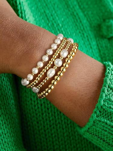 Gold Beaded Bracelets for Women Baroque Pearl Stackable14K Gold Plated Stretch Bead Ball Bracelet Jewelry Gifts3