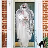 Animated Hanging Grim Reaper - Ghost Halloween Decorations - Poseable Lifesize Halloween Prop Skull with Motion Sensored LED Glowing Eyes and Creepy Shrilling Sound for Halloween Party Decoration