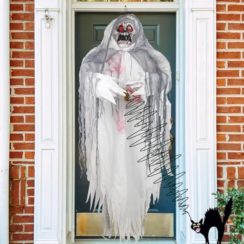 5.7 Ft Hanging Ghost - Scary Halloween Decorations - Life-Size Grim Reaper Prop with Skull - LED Glowing Eyes, Creepy Sound for Spooky Indoor/Outdoor Decor - Large Haunted House Decoration - White