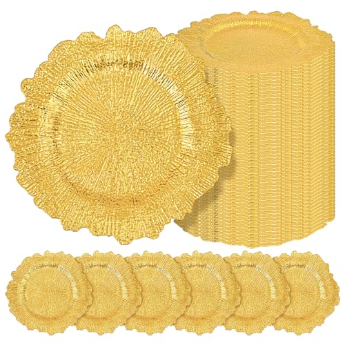 Teruntrue 50 Pcs Gold Charger Plates Bulk 13 Inch Plastic Charger Plates for Dinner Plate, Gold Chargers for Table Setting, Reef Design Plate Floral Decorative Round Chargers for Wedding Party, Event Teruntrue 50 Pcs Gold Charger Plates Bulk 13 Inch Plastic Charger Plates for Dinner Plate, Gold Chargers for Table Setting, Reef Design Plate Floral Decorative Round Chargers for Wedding Party, Event