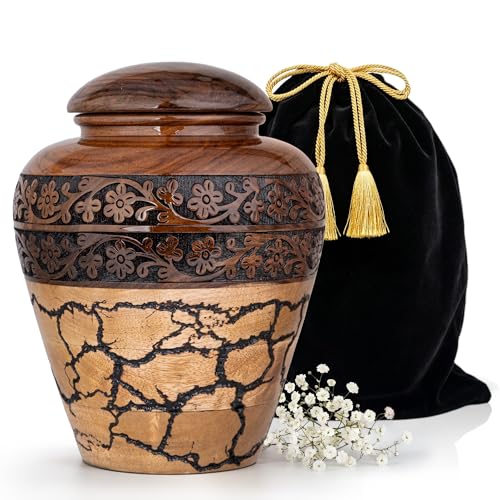 Image of Large Wooden Urns for Human Ashes - 200 lb Black Thunderstorm Pattern Cremation Urn, Decorative Burial Container for Ashes Adult Male or Female Memorial Display