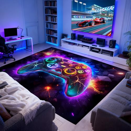 6x9 ft Neon Gaming Rug with Controller Design for Teens