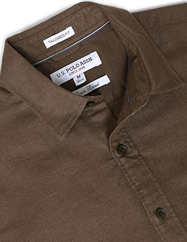 Image of U.S. Polo ASSN. Men's Solid Cotton Linen Tailored Fit Spread Collar Casual Shirt