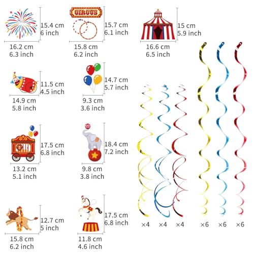 Image of Carnival Hanging Swirl Set Party Decorations, 48 Pcs, Circus Joker Balloon Party Supplies Sign,Red Blue Yellow