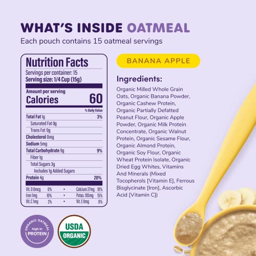 Ready, Set, Food! Organic Baby Oatmeal Cereal | Banana Apple | Organic Baby Food With 9 Top Allergens: Peanut, Egg, Milk, Cashew, Almond, Walnut, Sesame, Soy & Wheat | Unsweetened | Fortified With Iron | 15 Servings #TOP1