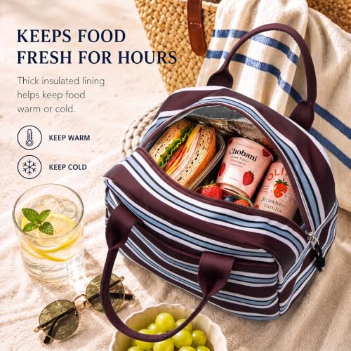 Image of LOVELYWIND Lunch Box for Women, Insulated Lunch Bag, Burgundy Stripe Tote