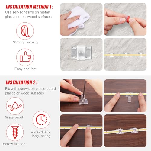 Image of Gosknor 100pcs Led Strip Light Clips, Indoor Light Clips with Screws Self Adhesive Led Clips Led Strip Light Holder Self-Adhesive Mounting Brackets for 8-10mm /0.31-0.39inch Indoor Light Strip