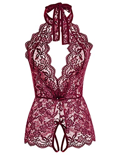 Ababoon Women One Piece Lingerie Lace Sexy Baby Dolls Teddy Sleepwear Wine Red