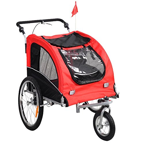 Giantex 2-in-1 Pet Dog Stroller W/Hitch, Suspension, Safety Flag and Reflectors, Dog Bike Trailer, Red