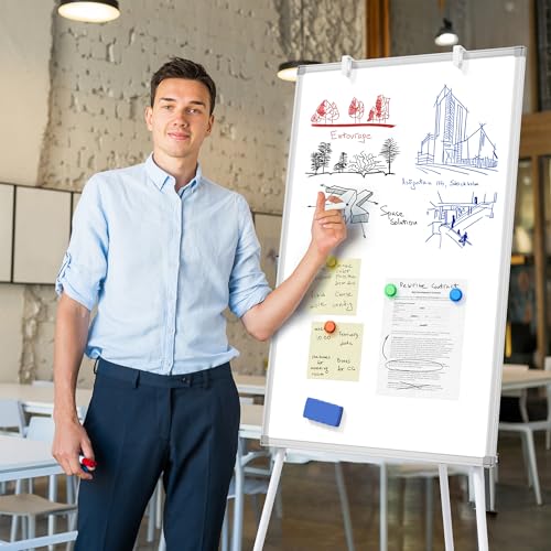 Image of Large Whiteboard Easel with Stand, 40 inch x 28 inch Portable Standing Magnetic Dry Erase White Board, Tripod Height Adjustable Flip Chart Easel for Home Office Classroom School, Silver