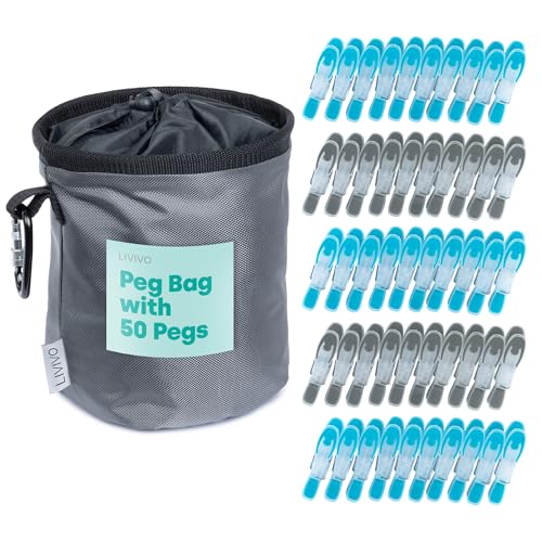 LIVIVO Clothes Peg Bag for Washing Line with 50-Piece Heavy-Duty Laundry Clips Secure Grip - Waterproof Peg Bag with Pegs, Soft Touch Pads & Carabiner Clip for Outdoor Use