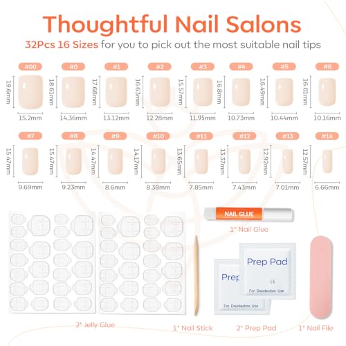 Modelones White Press on Nails, Short Square Fake Nails, Reusable Nail Kit with Nail Glue Adhesive Tabs Mini Nail File, Spring Nails Press Ons 32Pcs16 Sizes, Women Girl Gift
