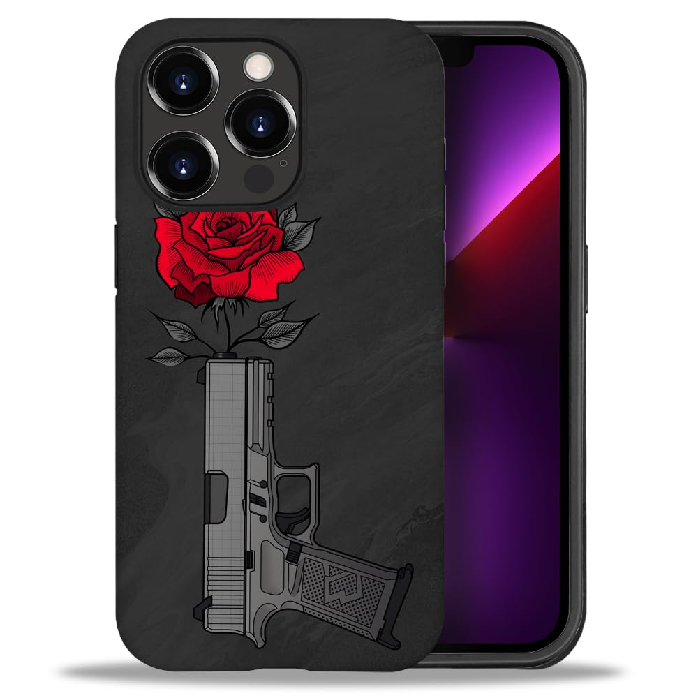yicomon Compatible with iPhone 13 Pro Max Case, Rose On Gun Pattern Print Matte Phone Case Durable Fashion Funny Liquid Silicone Case Soft