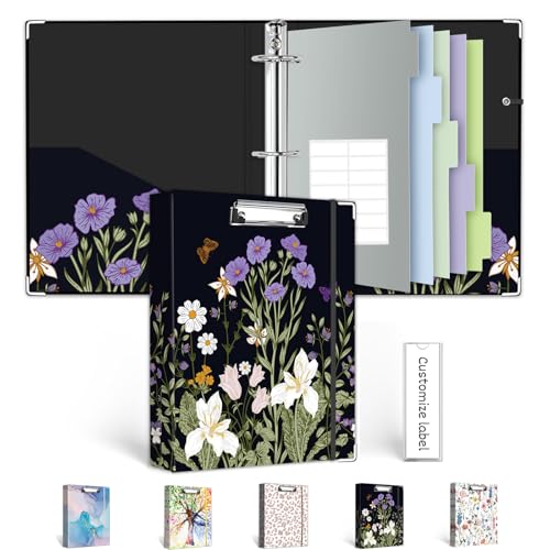 Mini Binder 3 Ring 1 Inch for 5.5x8.5 Paper Cute Small Three Ring Binders with Clipboard 5-Tab Dividers Spine ID Label Holder BVSSX A5 Binder with Pen Holder Black Weeds