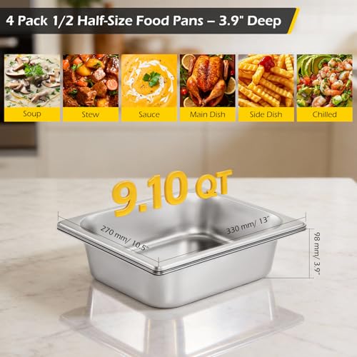 Image of Dyna-Living Steam Table Pan 1 /2 Half Size 4 Inch Deep Pan 4 Pack Hotel Pans