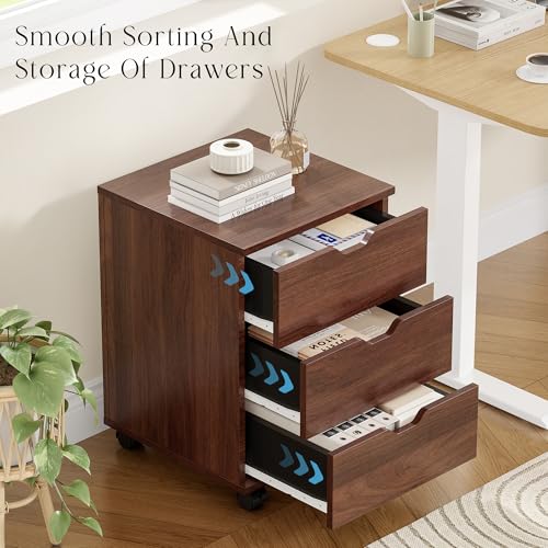 Image of Farini 3-Drawer Under Desk Wooden File Storage Cabinet with Lockable Caster for Home Office,Brown,Required Assembly