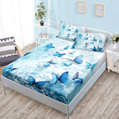 Bed Sheets Blanca Mariposa Azul Colchon 150 Microfibra Cubre Funda Colchon 150x200 Transpirable Sabana Bajera Lavable Juego de Cama 30cm Profundidad Mattress Protector