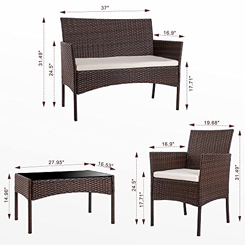 Shintenchi 4 Piece Outdoor Patio Furniture Set, Wicker Rattan Patio Conversation Set, Outdoor Chairs and Loveseat with Coffee Table for Porch, Yard & Poolside (Brown) - Image 5