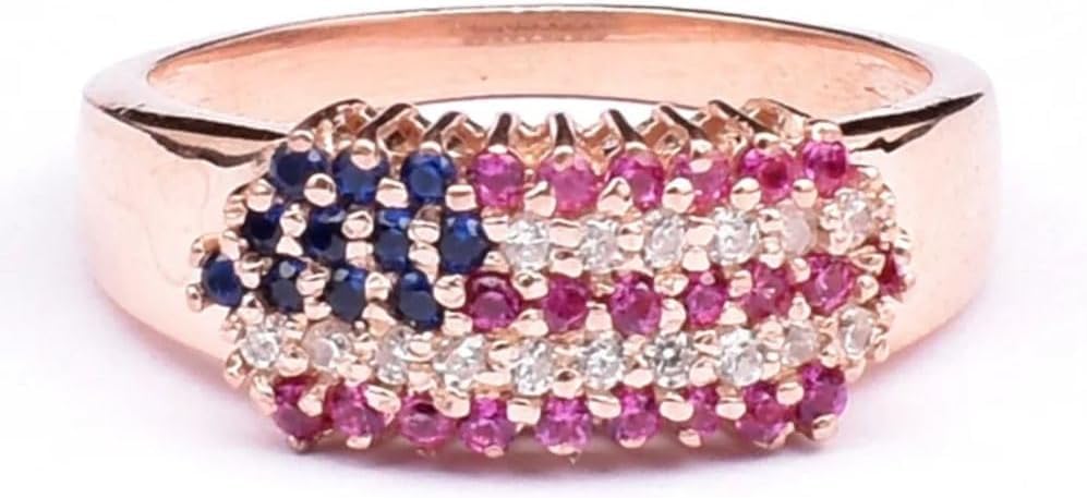 Vintage American Flag Style Birthstone Patriotic Rings For Women 14K Yellow Gold Plated 925 Sterling Silver Handmade 2 Ct Round Cut Diamond Art Deco USA Flag Jewelry Gorgeous Gift For Her