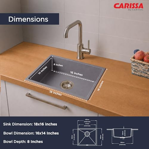 Image of Carissa By Carysil Titanium Quartz Kitchen Sink 18 x 16 x 8 inches, Single Bowl Granite Sink with 80% Quartz & 20% Resin, Heat Resistant 300C, 50kg Load Bearing, Stain Resistant - Silver Grey