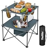 Thallike Portable Picnic Camping Table with Cooler, Folding Beach Table with 4 Tear Resistance Cup Holders, Tailgating Table Carry Bag for Travl, Beach, Summer Cookout Essential (Grey)