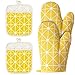Guanti da Cucina, Guanti da Forno, Guanti da Forno Antiscivolo, Guanti Barbecue in Cotone Ultra Spessi e Resistenti, Guanti da Forno per Arrostire, Grigliare, Cuocere (2 Guanti + 2 Presine, Giallo)