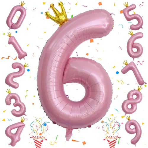 Image of Large Number 6 Balloons, Light Pink 40 Inch Foil Number Balloon for Women, Crown Pearl Pink Self Inflating 0-9 Set Balloons for Girls 6th Birthday Party Decor Anniversary Party Decorations Supplies