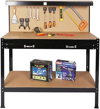 Steel Workbench Tool Storage Work Bench Workshop Tools Table W/Drawer and Peg Board 63" Black + Steel + 55"