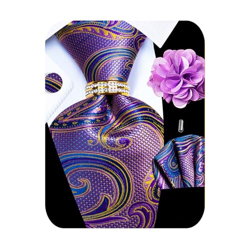 Image of 5PCS Mens Premium Silk Tie, Pocket Square, Cufflinks, Drilled Tie Ring and Lapel Pin Set for Wedding Groom Party