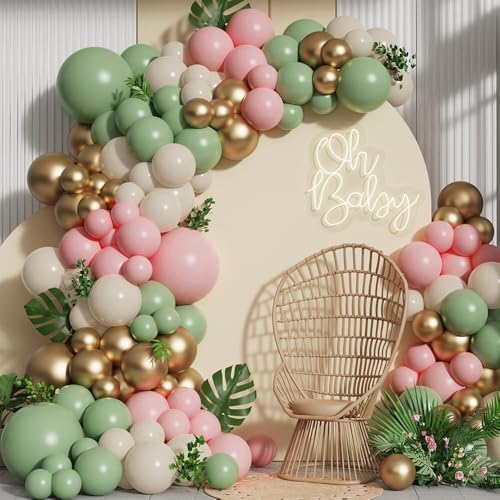 Pink and Green Balloon Arch Garland Kit,137pcs Sage Green and Pastel Pink White Sand Gold Balloons for Boho Girls Woodland Baby Shower Wedding Jungle Safari Birthday Party Decorations