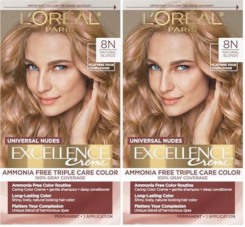 Image of L'Oreal Paris Excellence Universal Nudes Permanent Hair Color, Ammonia Free Hair Dye for Gray Hair Coverage, 8N Natural Blonde, 1 Hair Dye Kit (Pack of 2)
