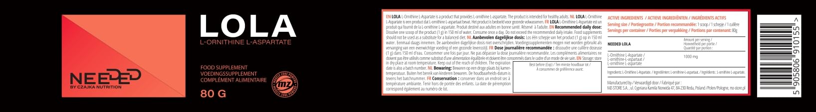 LOLA (L-Ornithine-L-Aspartate) Powder 80g -Mix of two Amino Acids: Ornithine and L-aspartic acid 1000 mg per Serving - 80 servings per Pack - Diet Supplement - by MZ