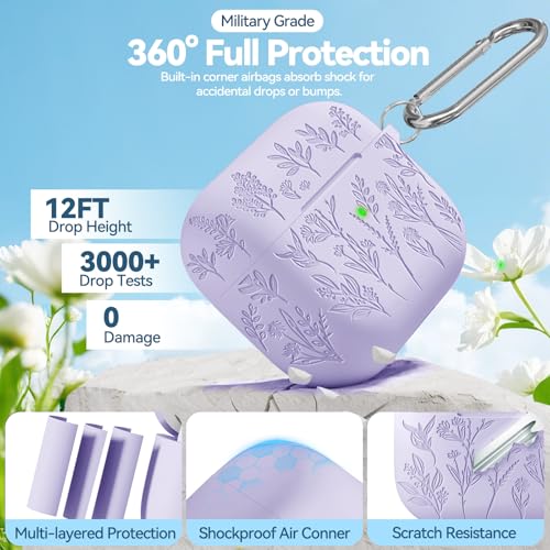 Image of Flower Engraved Case for Apple AirPods Pro 2 Gen with Clean Kit,Soft Silicone Protective Case Cover for AirPod Pro 2nd /1st Generation Keychain,Lanyard,3 Pair Ear Tips,Front LED Visible,Pastel Lilac