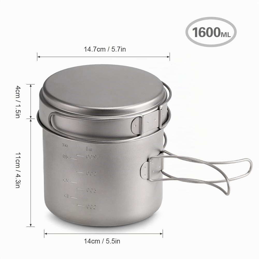Lixada Titanium Topf Set aus reinem Titan, 1100ml / 1600ml Topf + 350ml / 500ml Pfanne,Φ125 * 102mm, mit faltbarem Griff, für Outdoor Camping, Wandern