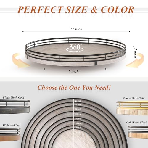 Image of 12 inch Farmhouse Lazy Susan for Kitchen & Coffee Table Decor - Rustic Whitewashed Wood Tray with Black Metal Frame, Decorative Centerpiece for Dining Room, Ottoman, Living Room, Serving or Vanity Use