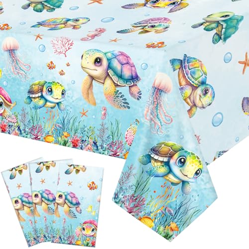 CANDY CHEF Sea Turtle Tablecloth 3 Pcs Ocean Turtle Birthday Party Supplies Plastic Disposable Turtle Theme Table Covers for Under The Sea Party Baby Shower Decorations
