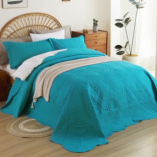 Image of EVENHUG Oversized King Bedspreads California King Quilt Set with Pillow Shams Extra Wide Large King Size Quilts Lightweight Coverlet Bedding Sets Teal Blue 120 inchx120 inch