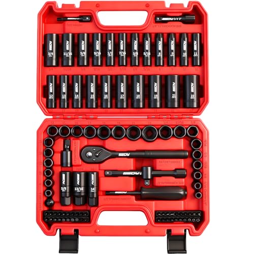 96-Piece 3/8' Drive Impact Socket Wrench and Bit Set, SAE 5/16”-3/4” & Metric 8-22mm, Cr-V Standard & Deep Sockets, Power Bits, Ratchet Handle, Universal Joint, Bit Holder, Adapters, Spark Plug Socket