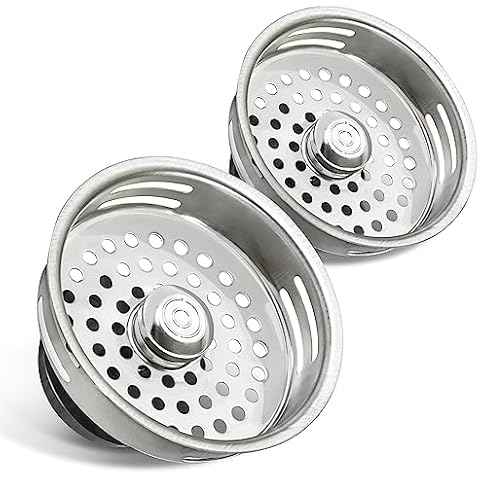 HIGHCRAFT 9843-2 Stainless Steel Kitchen Sink Strainer Basket Replacement for Standard Drains (3-1/2 Inch) -Universal Style Rubber Stopper (Pack of 2) Cover
