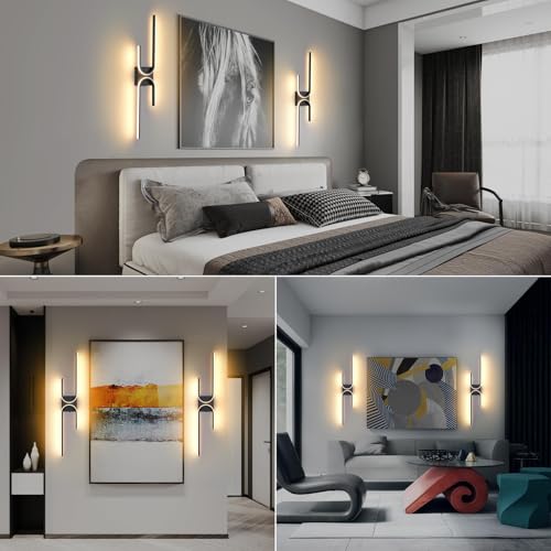 Image of Battery Operated Wall Sconce with Remote Control, USB Rechargeable Wireless Wall Sconce Set of 2, LED Dimmable Wall lamp, 3 Color /Timer /Memory, Black Wall lights for Bedroom Living Room, 31.5 inch