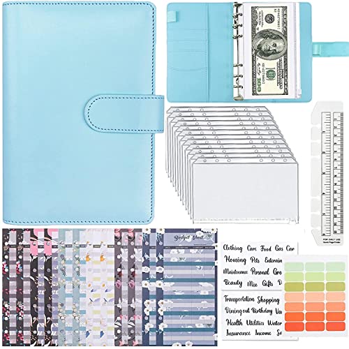 A6 PUレザーバインダー予算プランナーオーガナイザー、予算シート、ジッパーポケット、カテゴリステッカー、保存キャッシュエンベロープシステム(Argento)