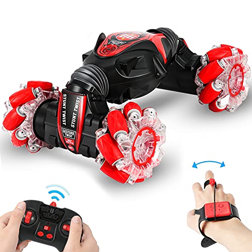 Gesture Sensing RC Stunt Car for Boys Girls with Light & Music, 4WD Off Road Truck Car Toys for 6-12 Year Old Kids, Double Sided 360° Rotating 2.4GHz Remote Control Car for Kids Birthday Age 6+, Red