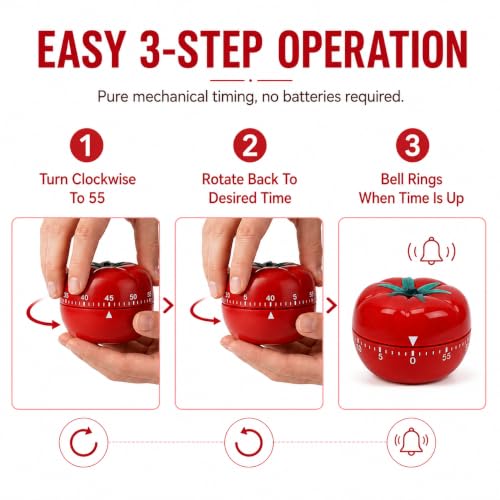Image of Mechanical Kitchen Timer, Durable Rotary Timer with Loud Bell Alarm,Precise Time Measurement,No Battery Required,Cute Tomato Design for Kitchen,Baking,Study,Office & Daily Time Management