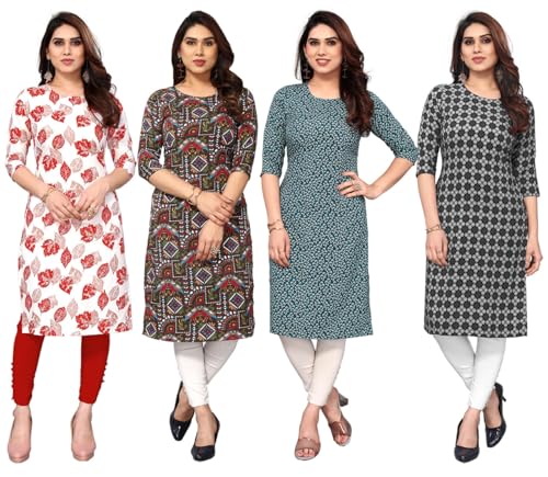 Image of JAKHANA Women's Crepe Printed Casual Straight Calf Length Round Nick Kurta Pack of 4