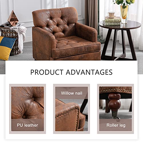 Nrizc Tufted Club Chair, Living Room Accent Chairs, Mid Century Modern Arm Chairs With Studded, Solid Wood Frame, For Living Room, Bedroom, Reading, Or Office, Brown #TOP3