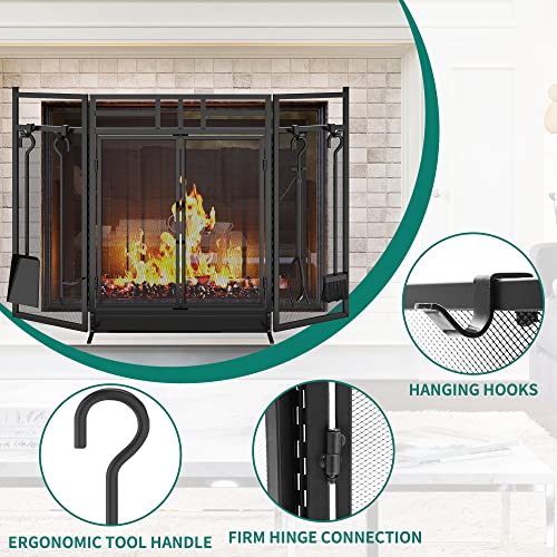Yitahome 48.43X30.91In 3-Panel Folding Fireplace Screen With Magnetic Hinged Door, 4-Piece Fire Place Tool Set Steel Fire Spark Guard, Solid Wrought Iron Panels Wood Burning Stove Accessories(Black) #TOP3