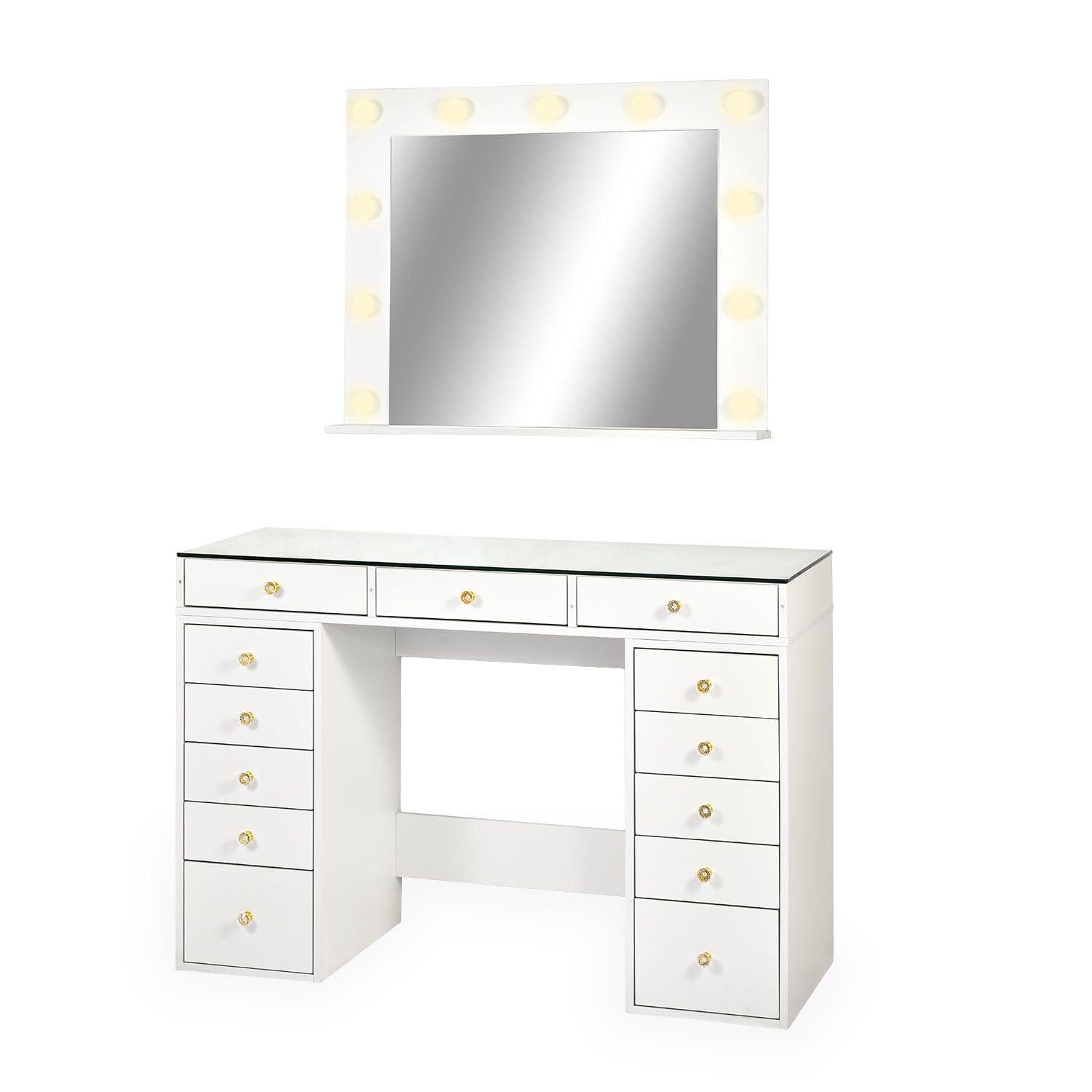 Menzzo Coiffeuse Probeauty 120 cm avec Miroir LED Lumineux – 13 tiroirs – Plateau en Verre – Table de Maquillage Design Moderne avec Grand Rangement – Meuble Coiffeuse Blanc